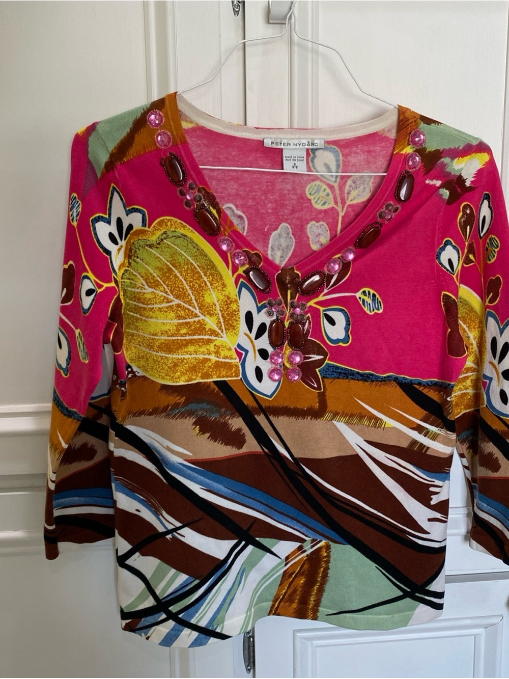 Peter Nygard Women's Pink Floral Bead Embellished V-Neck Top